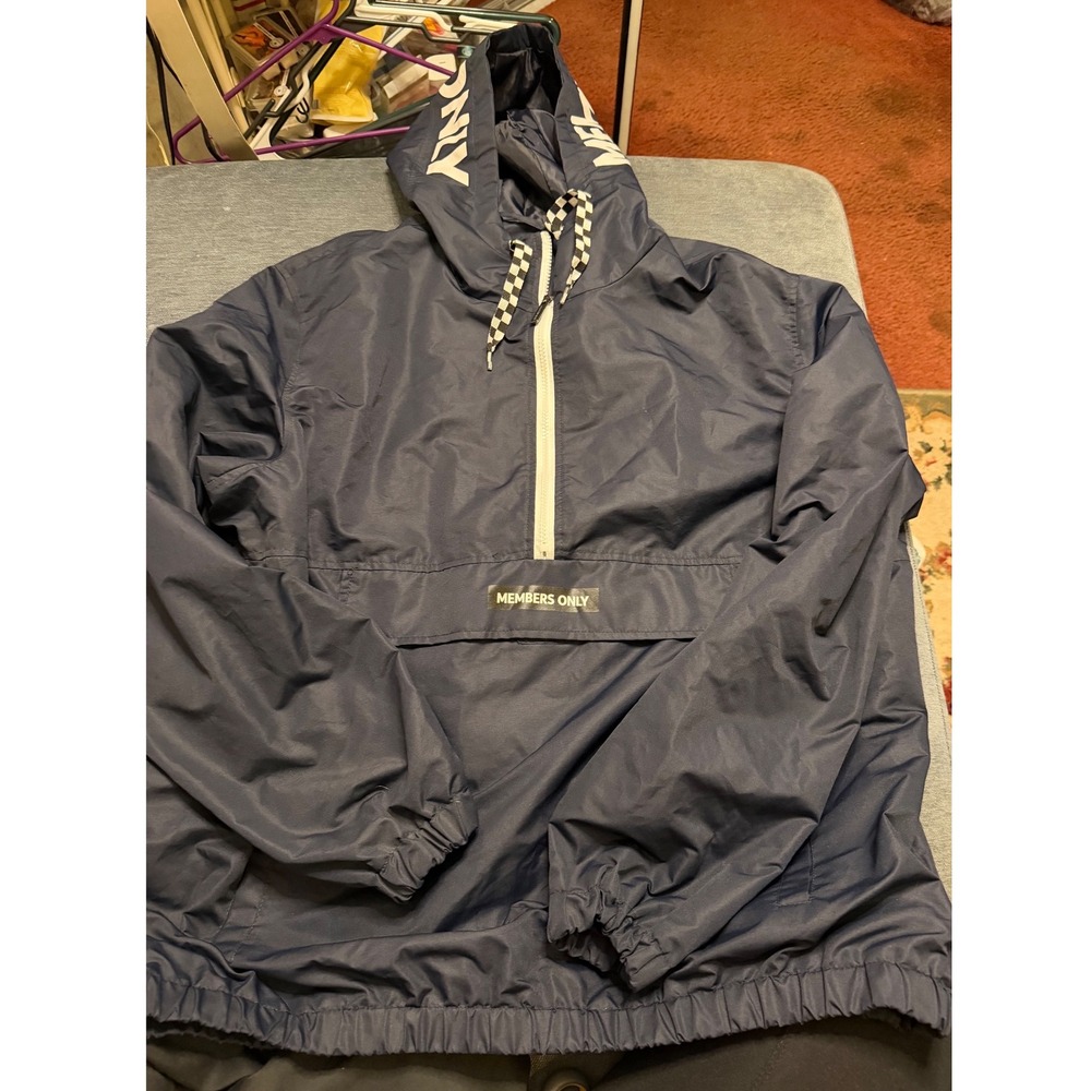 Members Only Mens Navy Blue Half Zip Anorak Windbreaker Jacket XL Logo Hood